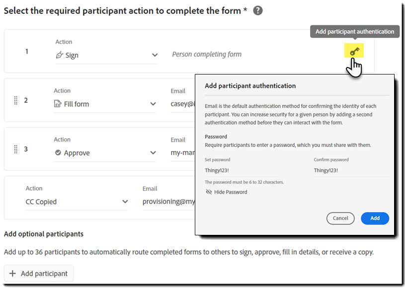 Configure optional authentication for the participants