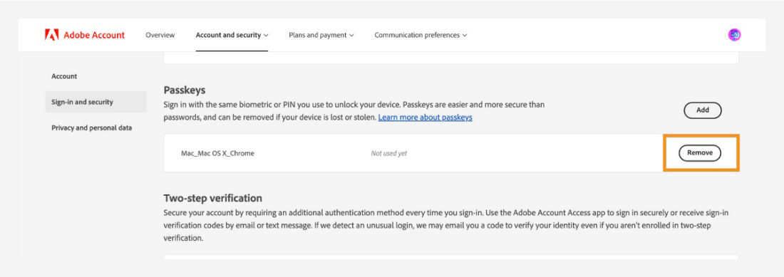 Passkeys window with a Remove option to remove the passkey associated with your Adobe account