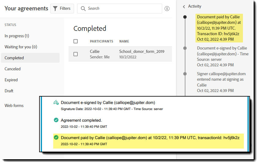 Payment events in the activity log and audit report