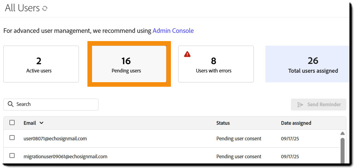 The Users page showing the Pending Invites view
