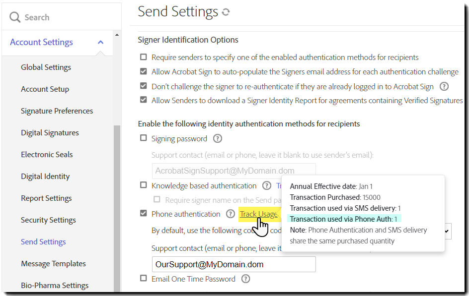 The Send Settings page highlighting the Track Usage link with the information pop-out exposed