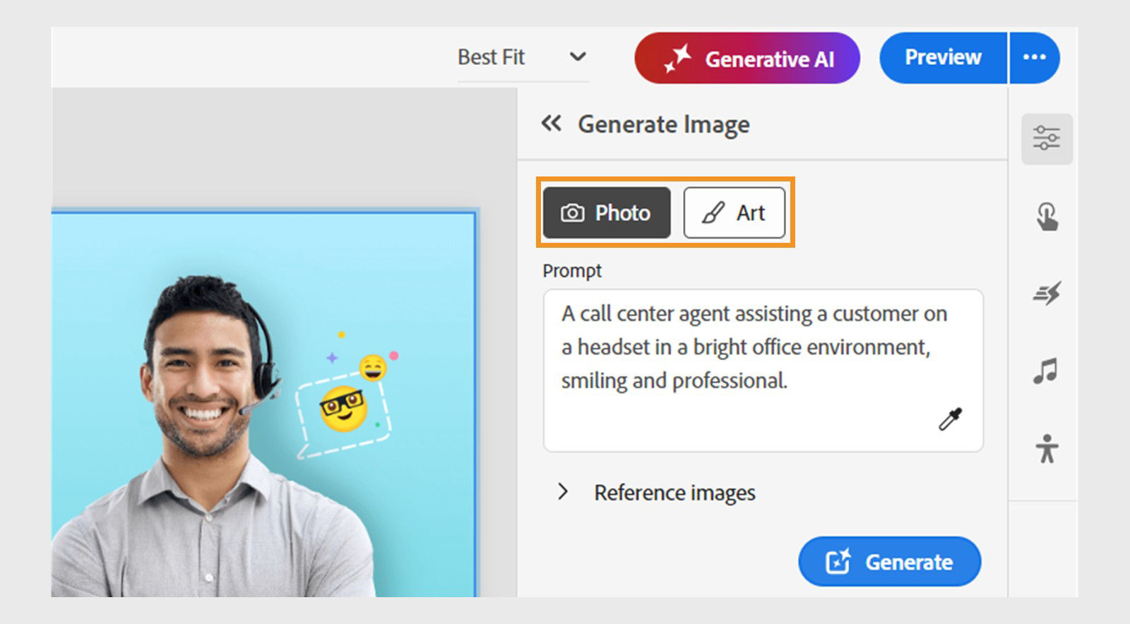  Generate image panel interface showing Photo and Art options.
