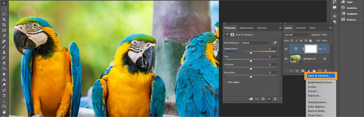 Photoshop Adjustments panel showing the Color & Vibrance adjustment layer with Temperature, Tint, Vibrance, and Saturation adjustment sliders.