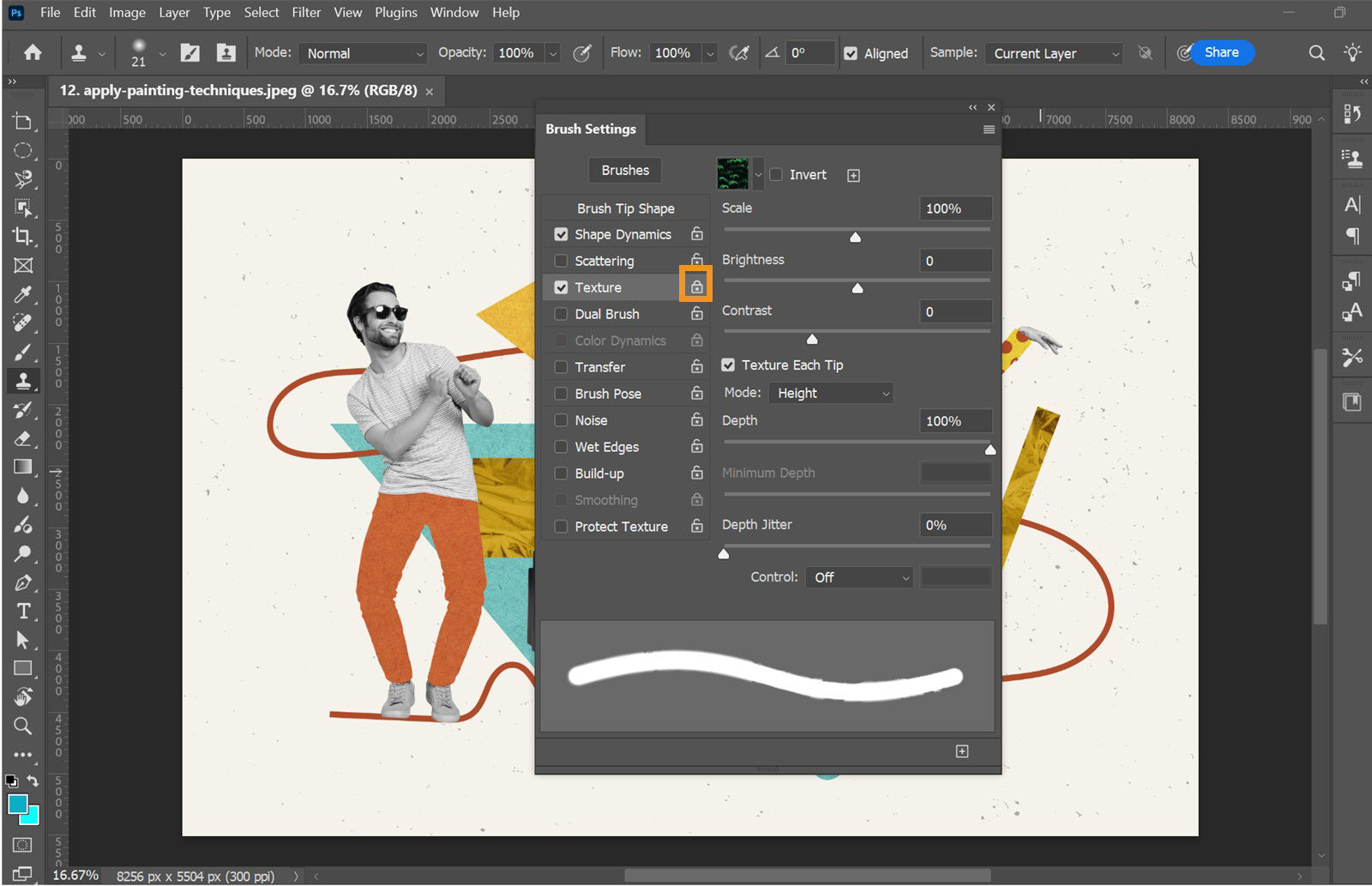 Photoshop Brush Settings panel open with options to adjust brush tip shape, size, hardness, and spacing.
