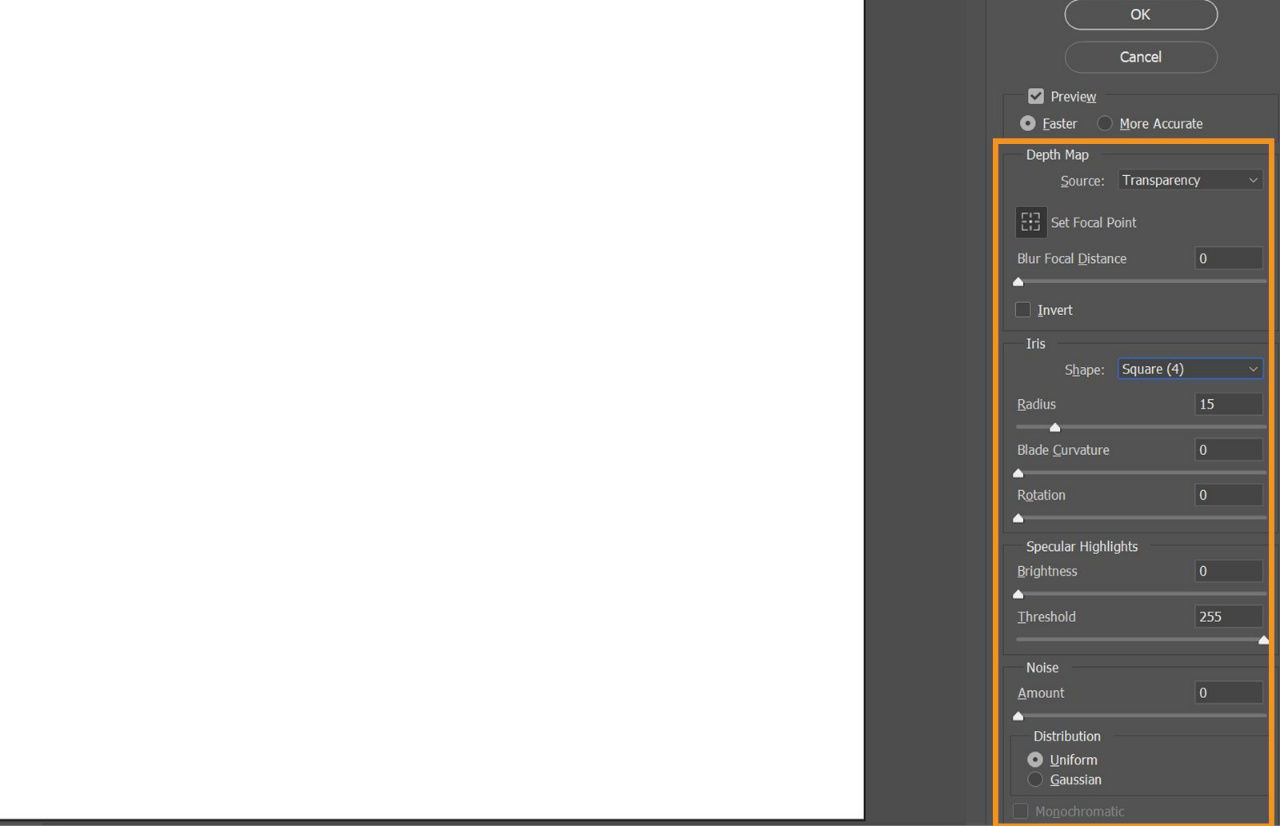 Photoshop Lens Blur dialog box with controls for Depth Map source, Iris shape, Specular Highlights, and Noise displayed in the right panel.