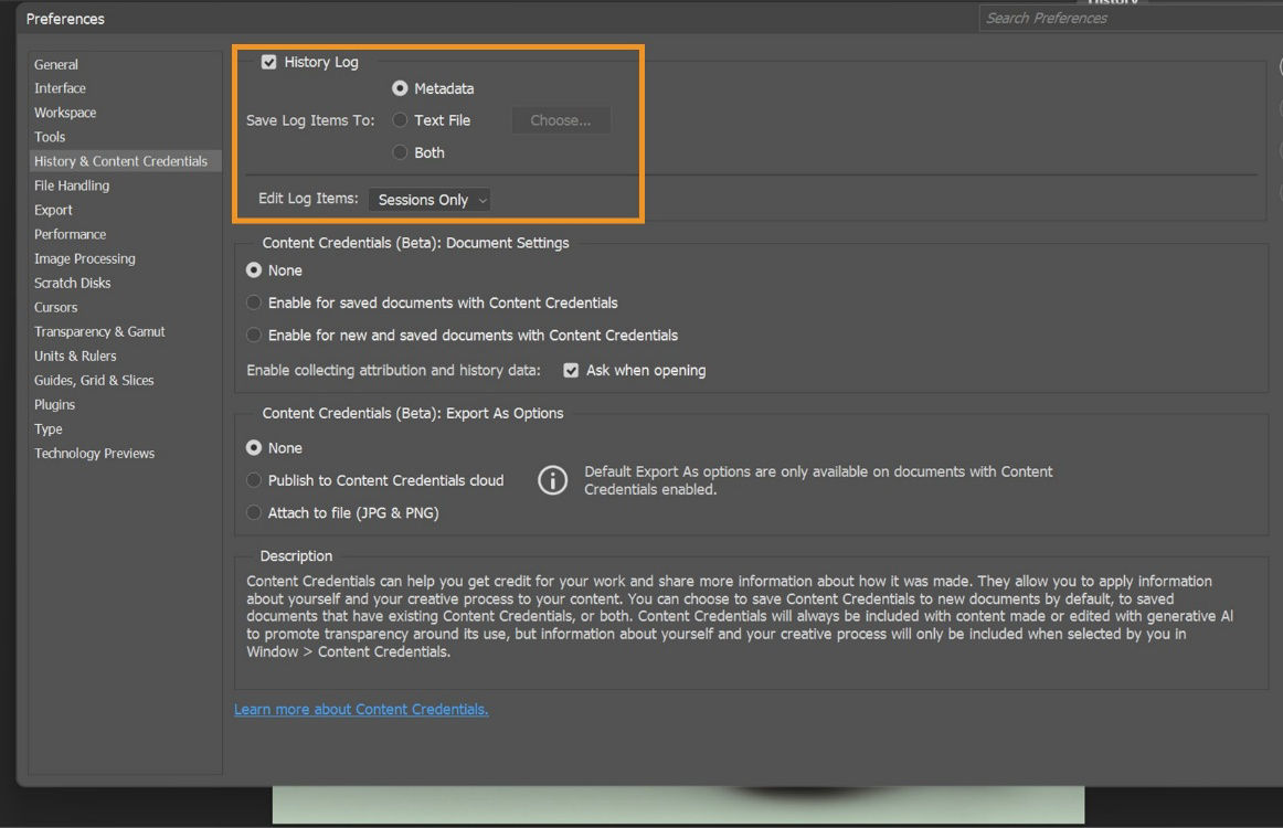 Photoshop Preferences dialog box highlighting the History Log section with settings for saving log data and choosing the level of detail.