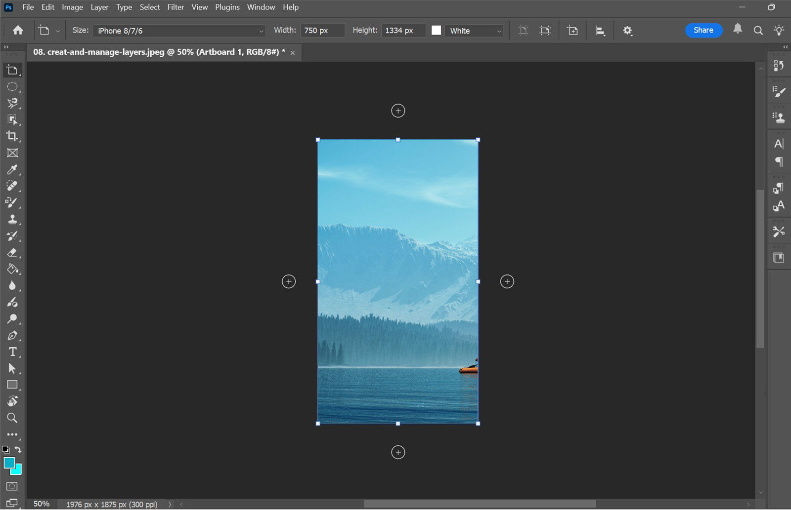 Photoshop interface showing a new artboard being added to an existing document.