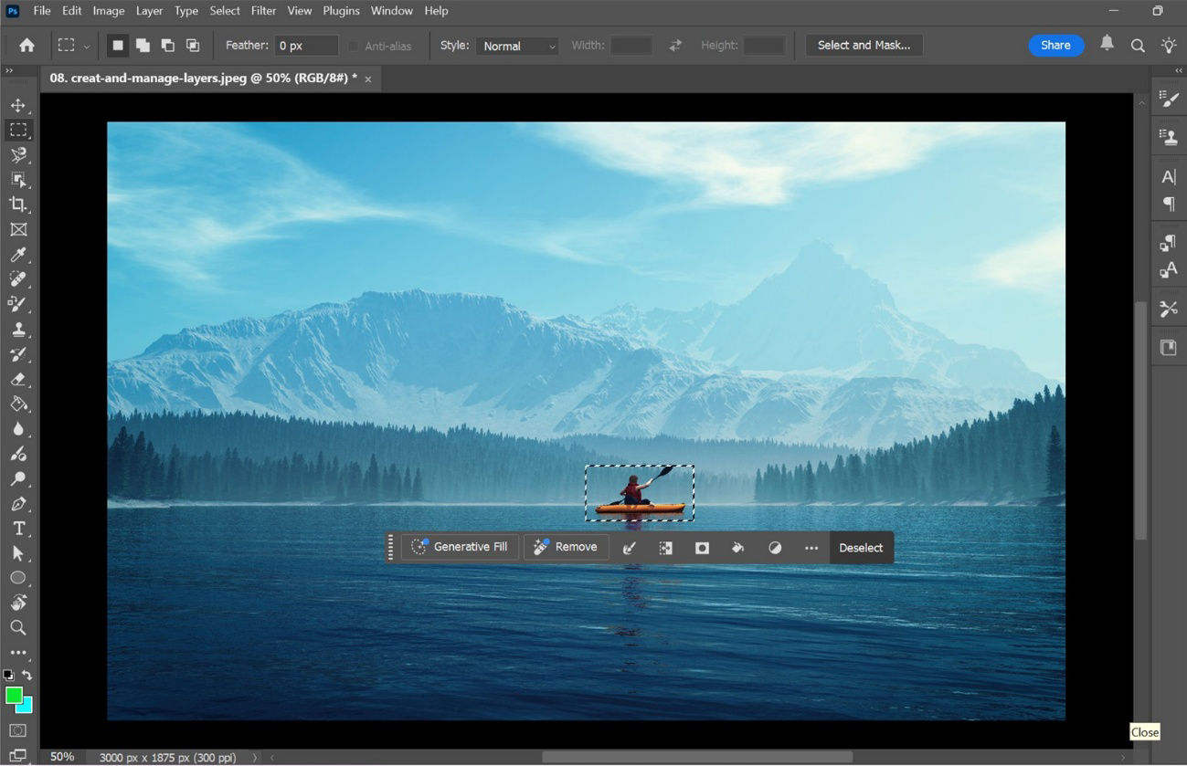 Photoshop interface showing a selected object on a lake image, prepared for removal using Content-Aware Fill.