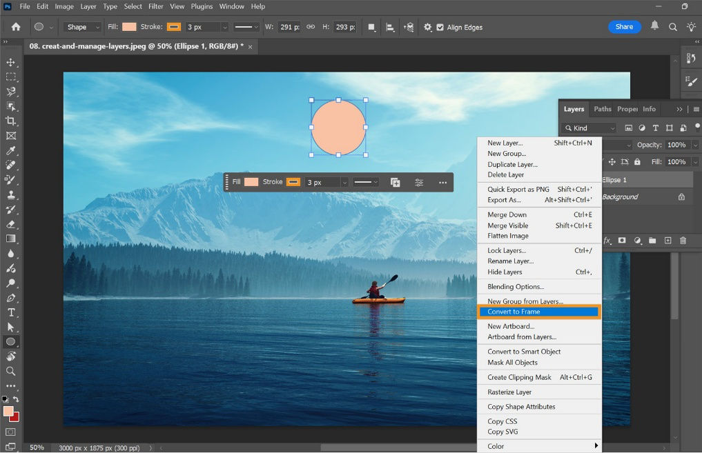Photoshop interface showing a shape layer being converted to a frame via the Layers panel context menu.