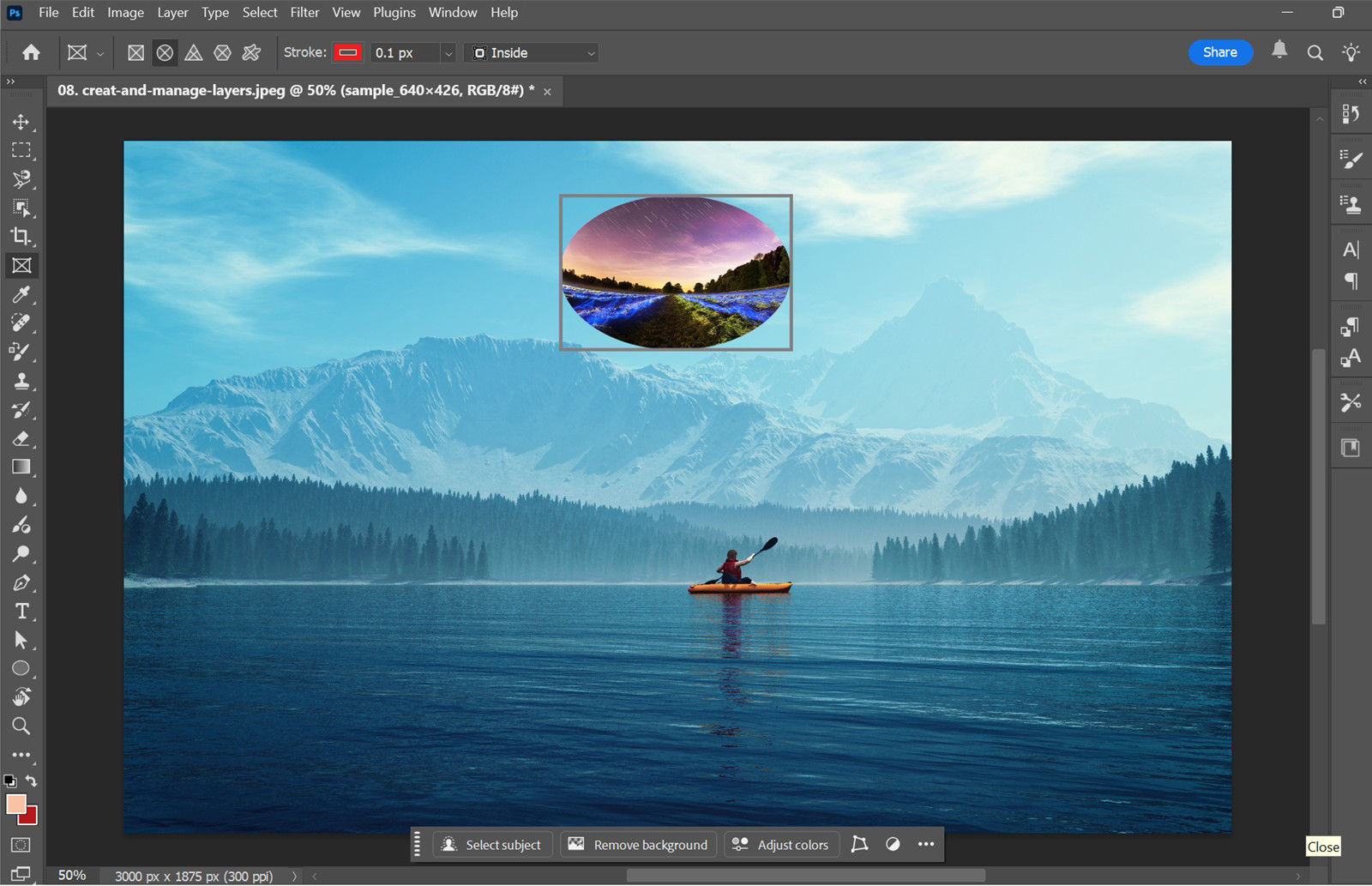 Photoshop interface showing an image placed inside a frame created using the Frame Tool.