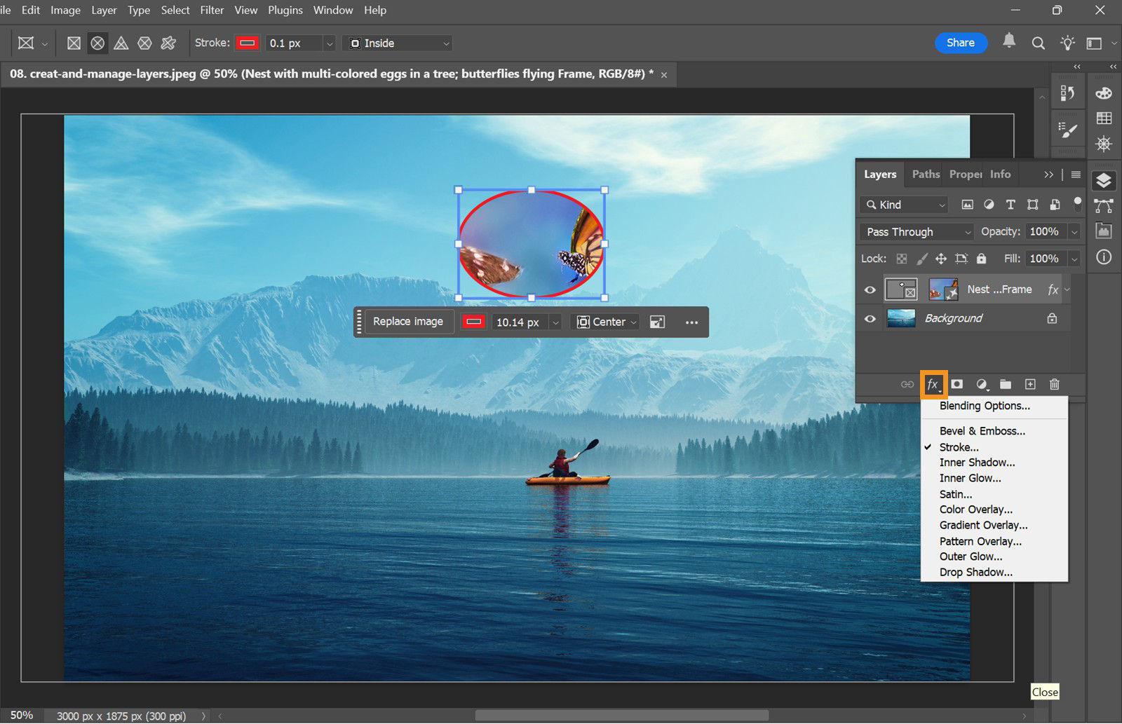 Photoshop interface with a selected circular frame containing an image, and stroke effect applied via Layer Style.