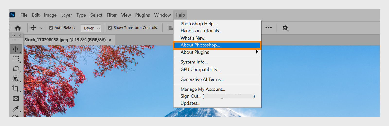 Photoshop screen on Windows displays the About Photoshop option in the Help menu.