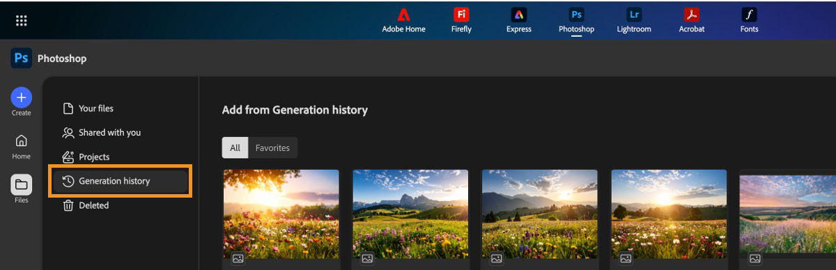 Photoshop web screen displays the Generation history tab populated with compatible Fierefly generations.