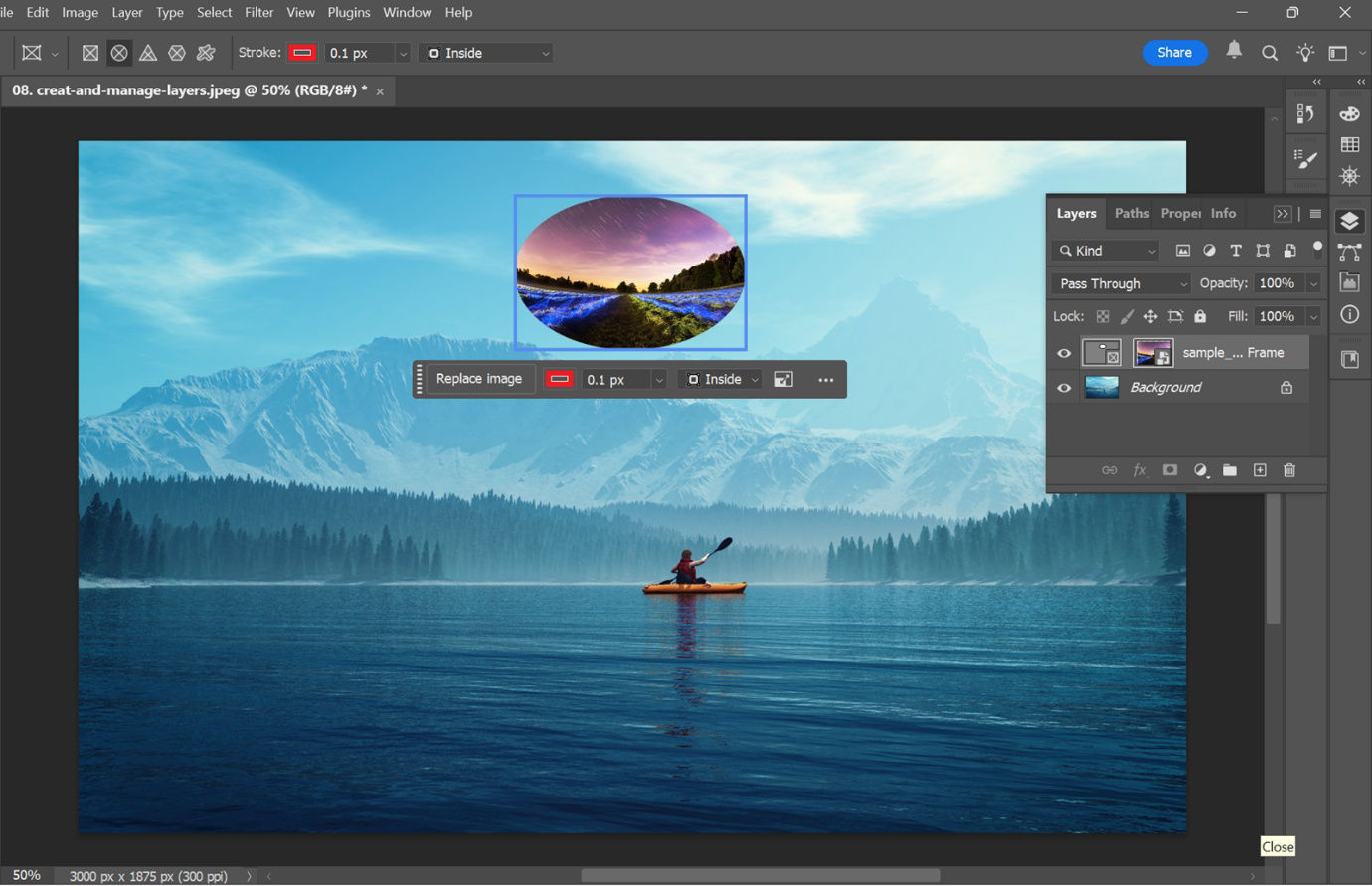 Photoshop workspace with a main frame and an inset circular image, illustrating frame and content selection.