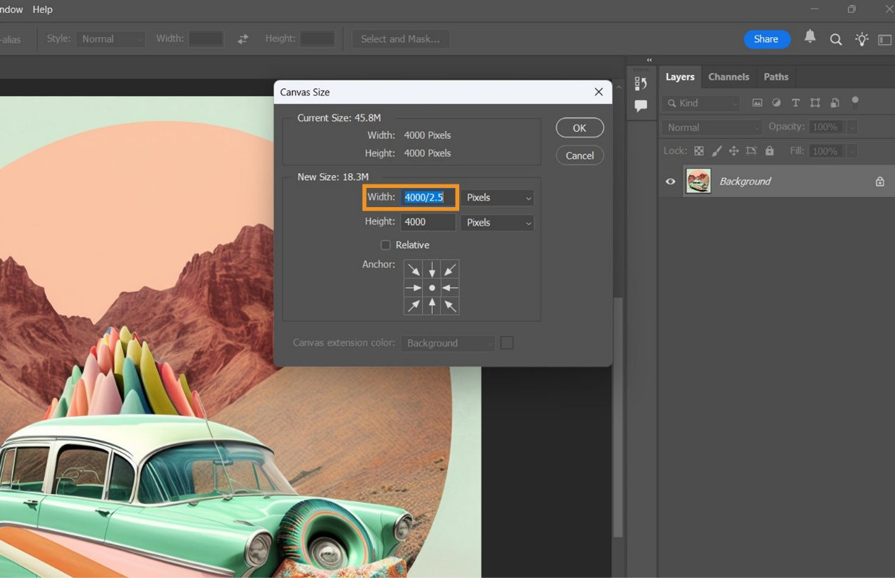 Photoshop workspace with canvas size dialog box showing width set to '4000/2.5' pixels and height at 4000 pixels.