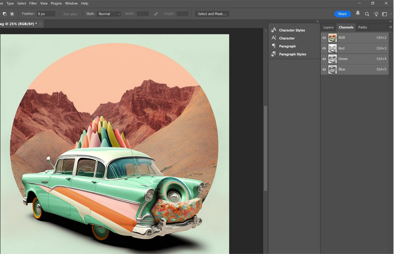 Photoshop workspace with expanded Layers, Channels, and Paths panels for detailed editing, while Character and Paragraph panels are collapsed.