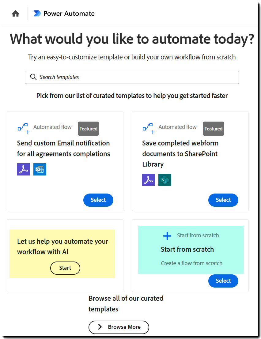 The Power Automate template picker page.