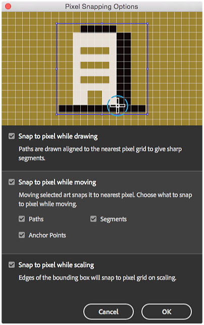 Pixel Snapping Options dialog box