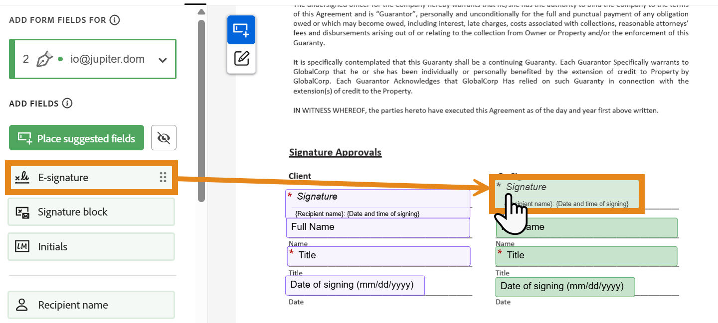 Modern Acrobat Sign authoring workspace with a recipient selected and a form field being placed on the document.
