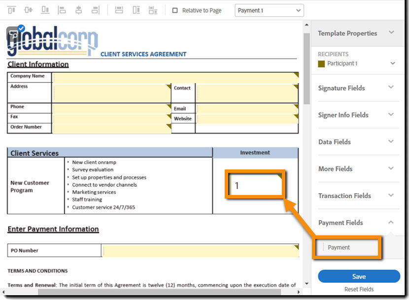 Place the payment field