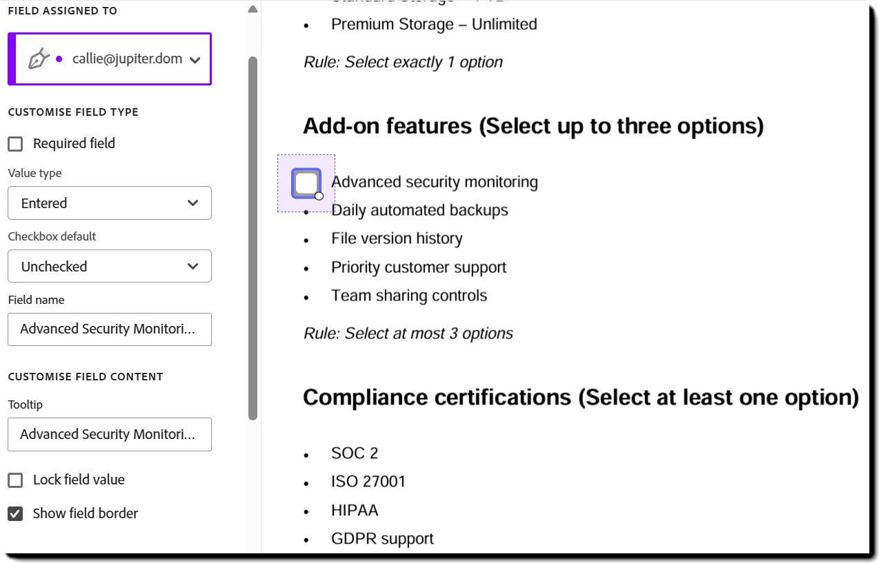 A placed checkbox with the configuration options exposed..