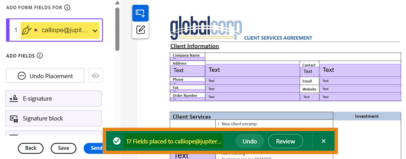 Acrobat Sign document with suggested fields converted to placed form fields and a confirmation of their recipient assignment.