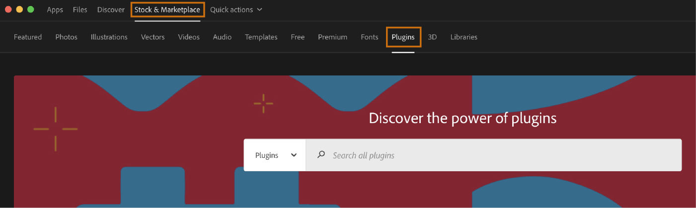 UI of Creative Cloud desktop app, highlighting the Stock & Marketplace and Plugins tabs. 