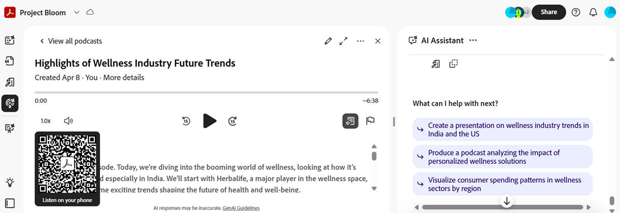 Podcast pane in PDF Spaces on Adobe Acrobat shows podcast in 'Highlights' format and a QR code.