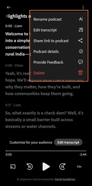 Podcast playback screen in a PDF Space showing a highlighted options menu with actions such as rename, edit transcript, share link, view details, provide feedback, or delete.