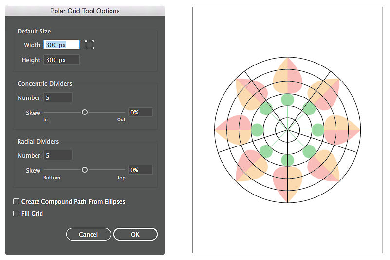 Polar Grid Tool Options dialog with Width, Height, Concentric Dividers, Radial Dividers, Create Compound Path From Ellipses, and Fill Grid settings, beside an example polar grid.