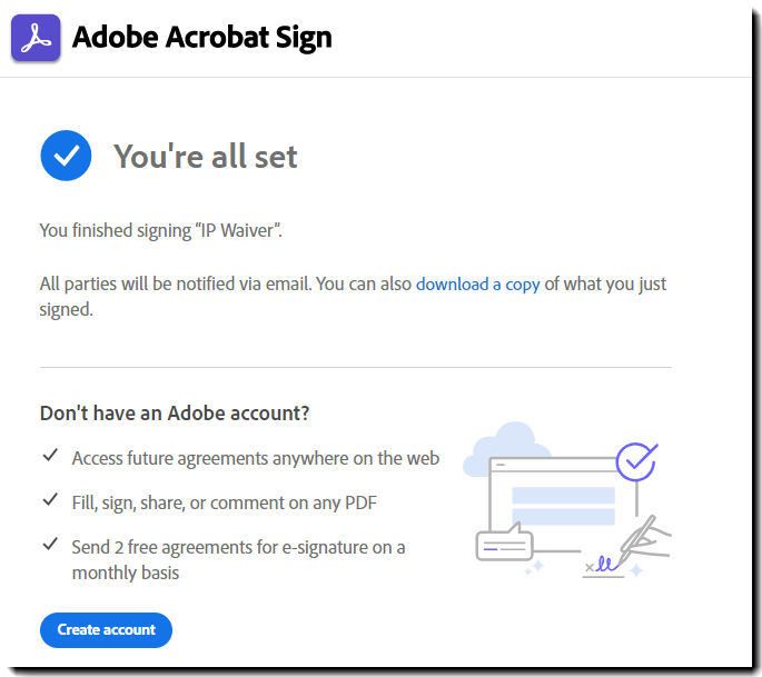 Create an account button added to the post-signing page