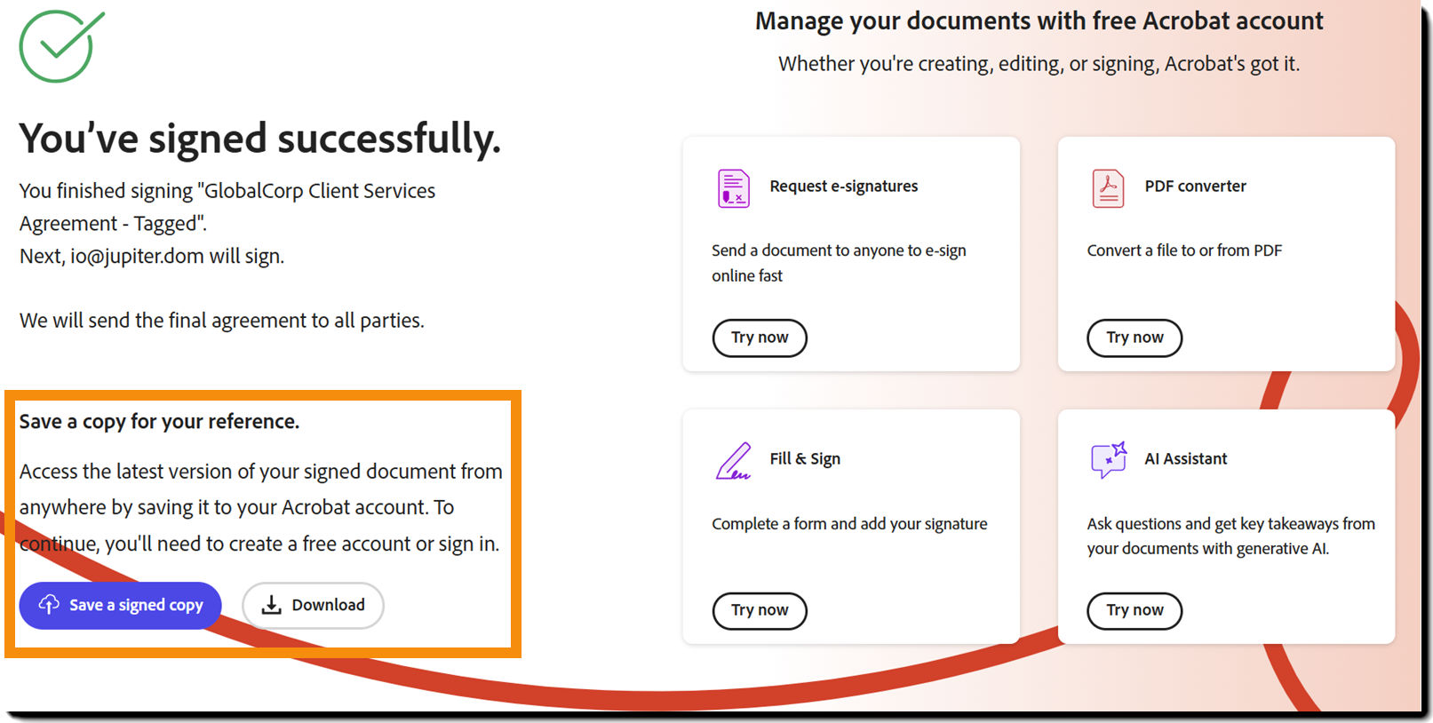 The Post-Send page with the options to save a copy highlighted.