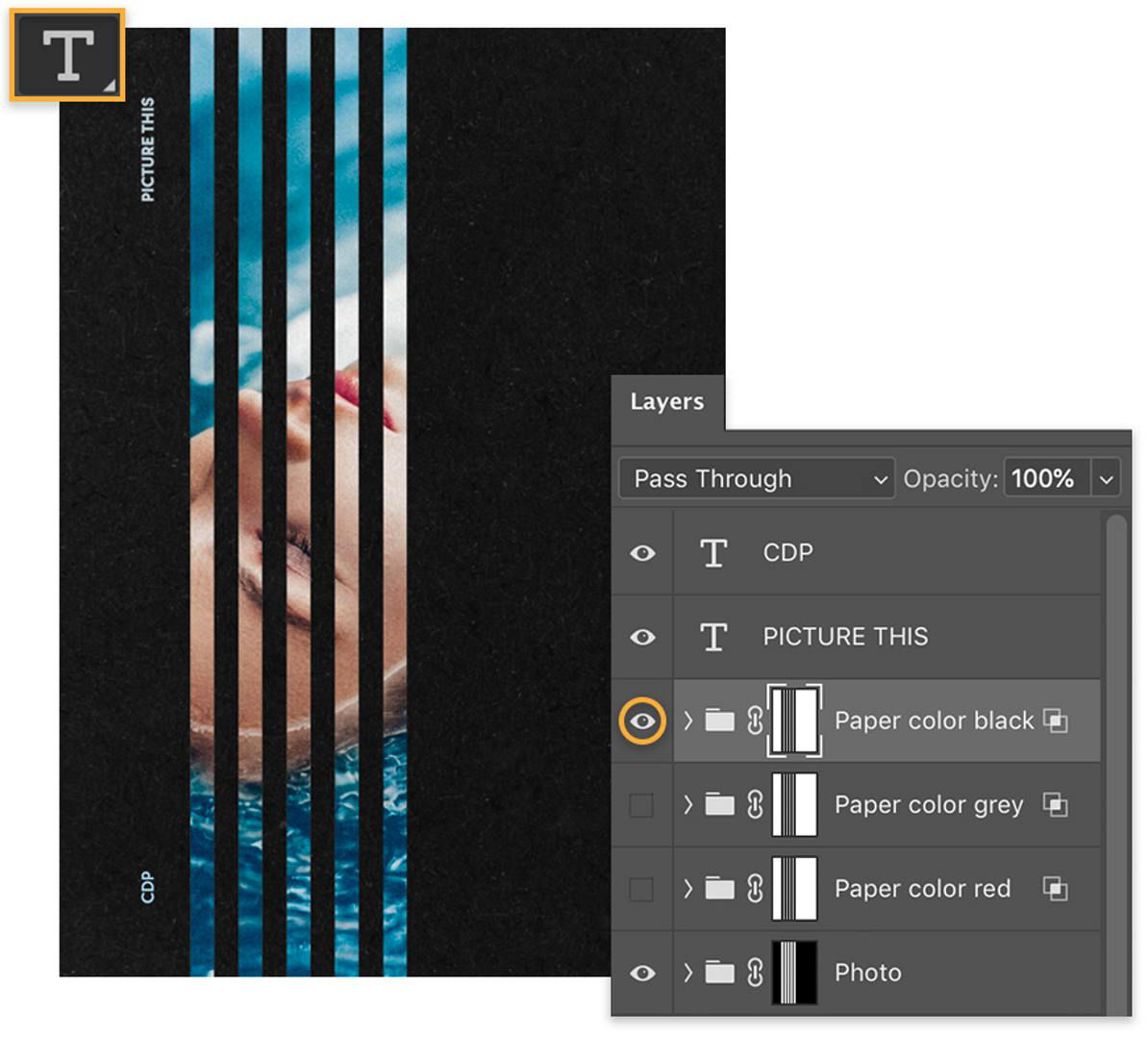 Poster design with black paper texture background, image of swimmer appears through black lines, Type icon, and Layers panel.