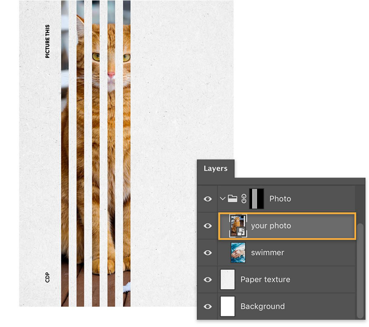 Poster design with black texture background, image of orange cat appears through white lines, Layers panel shows cat photo.