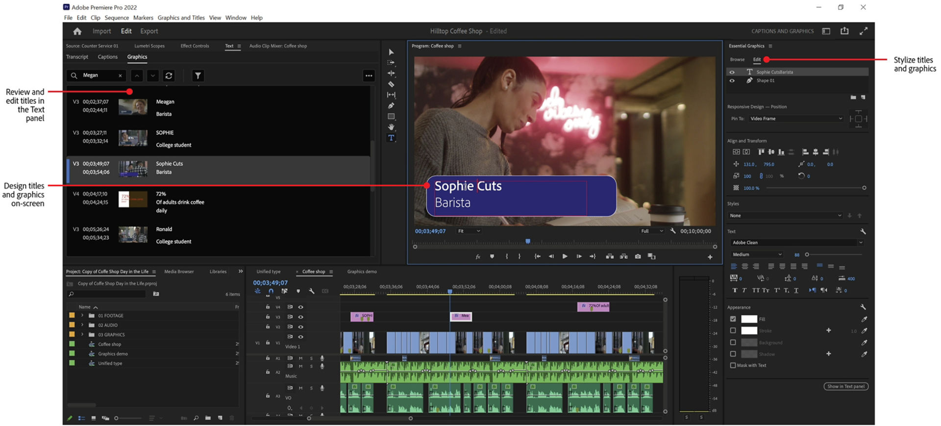 Text panel and Essential Graphics panel in Premiere Pro