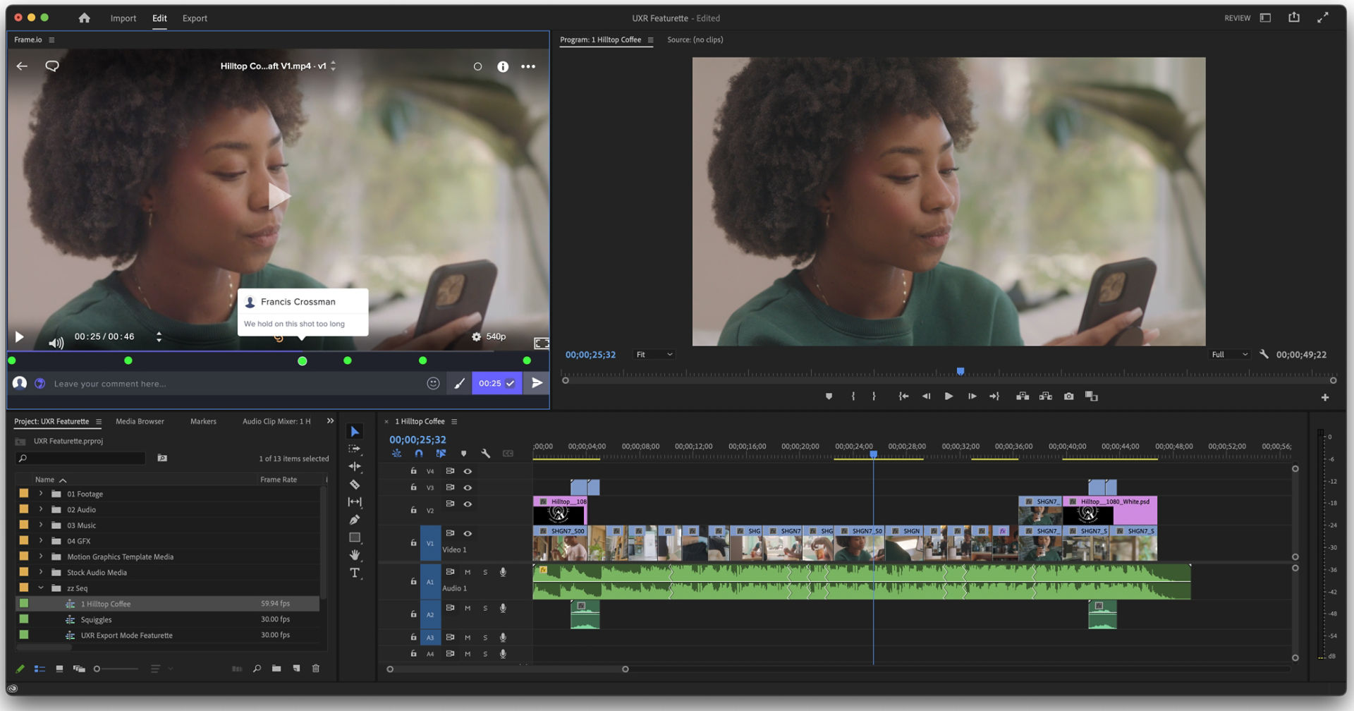 The Frame.io panel in Premiere Pro