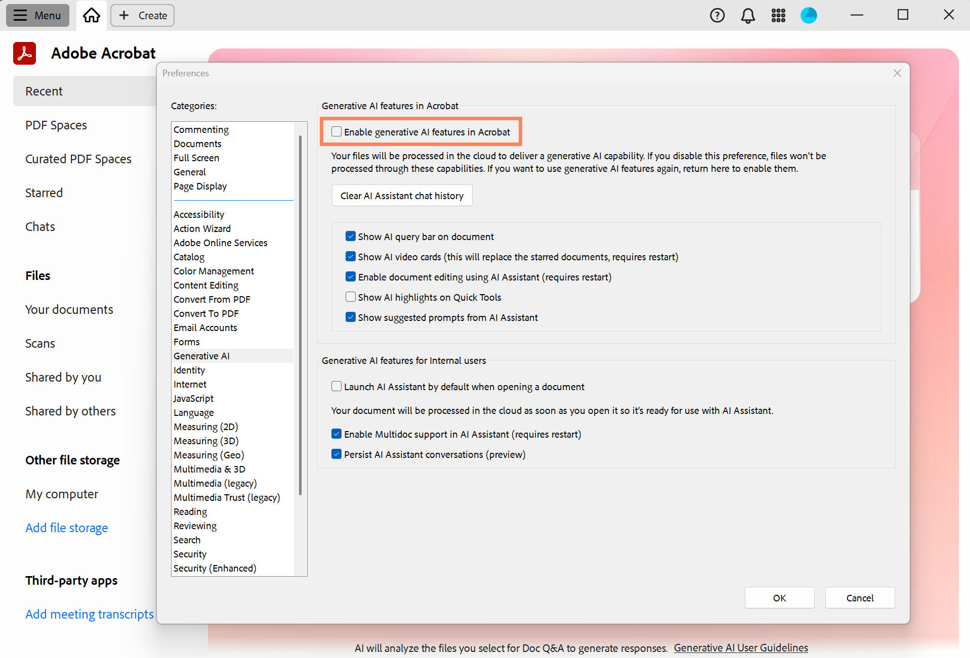 Preferences dialog in Adobe Acrobat showing Generative AI features enabled, including options for AI Assistant, asking questions about documents, smart suggestions, and Assistant conversation settings.