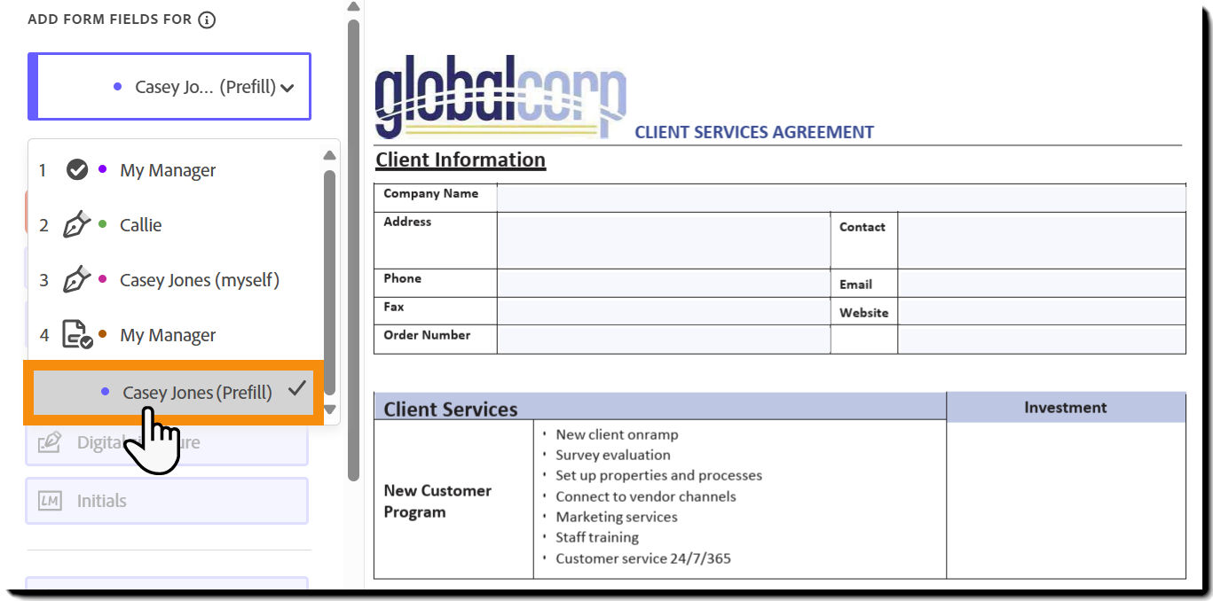 The authoring page with the recipient list expanded and the prefill role highlighted.