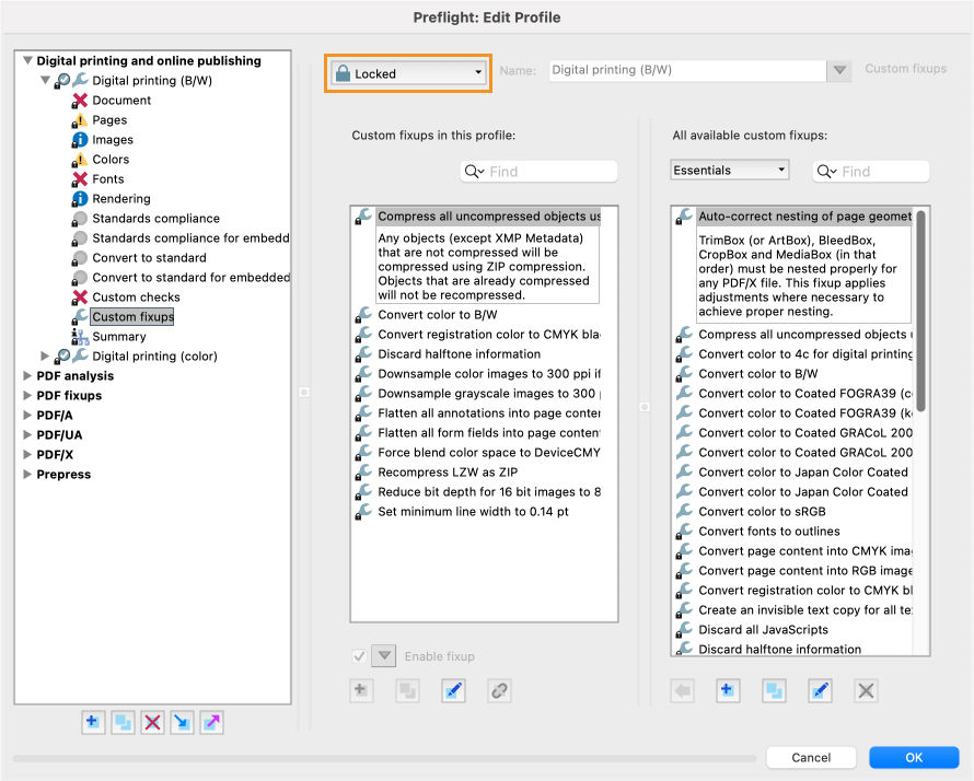 The Preflight dialog to Edit Profile is shown