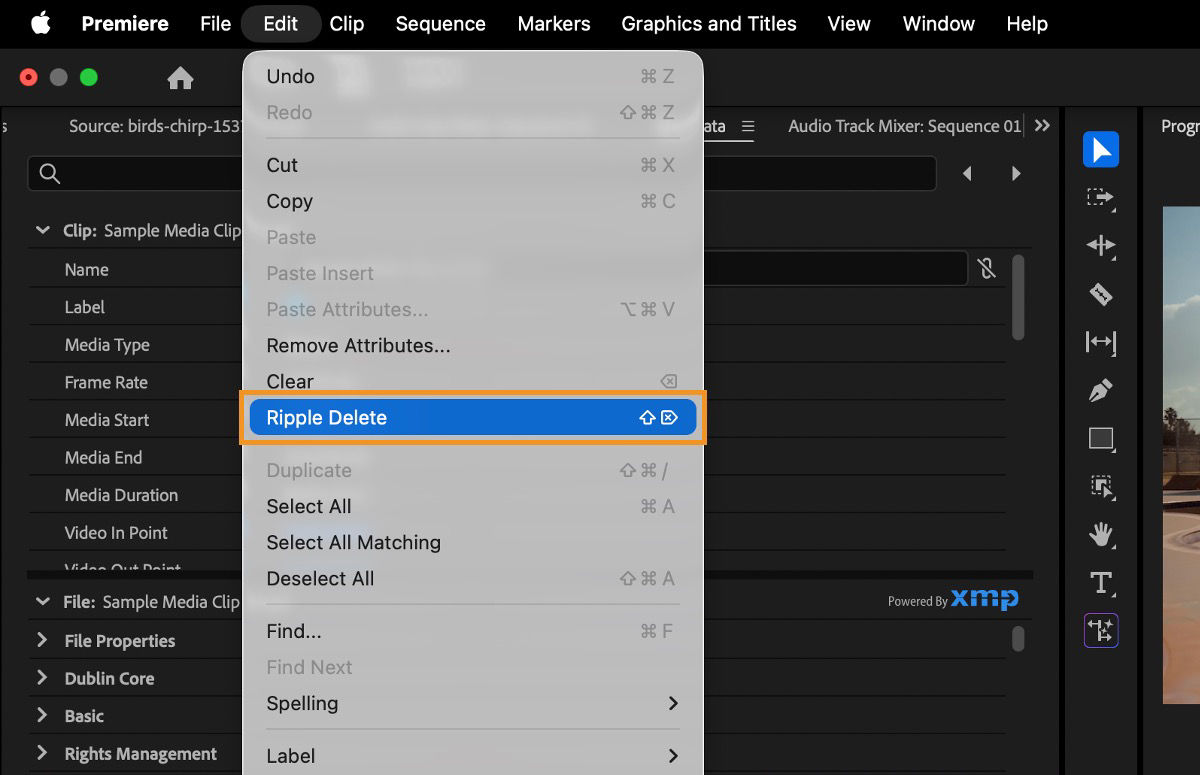 Premiere Edit menu with Ripple Delete highlighted for the selected clip.