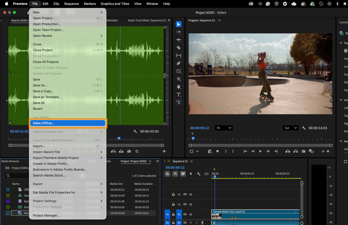 Premiere File menu with Make Offline highlighted for the selected media clip.