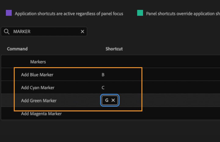 Premiere Pro interface showing keyboard shortcuts window with marker color options highlighted