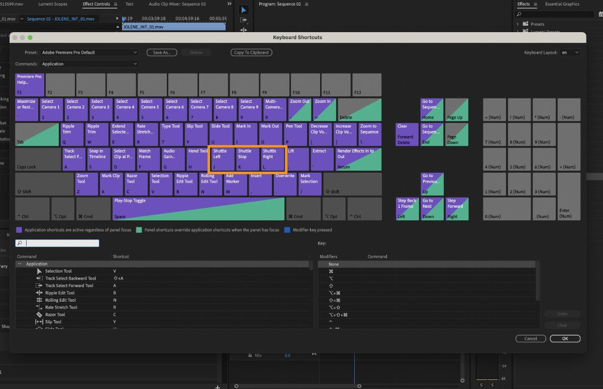Premiere Pro keyboard layout showing the J, K, and L keys highlighted. The image demonstrates how these keys are used to play clips forward, pause, or play backward during dynamic trimming in Trim mode.