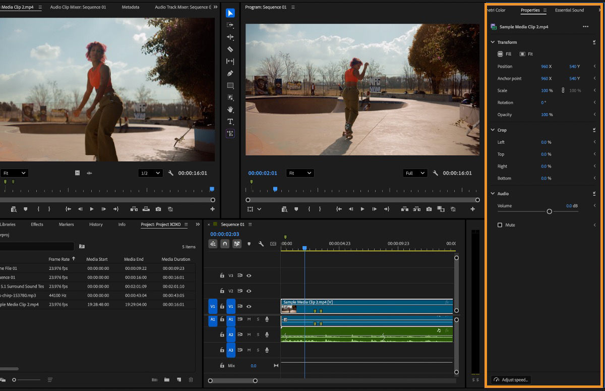 Timeline panel shows a clip selected in the timeline and the Properties panel showing transform, crop, and audio controls.