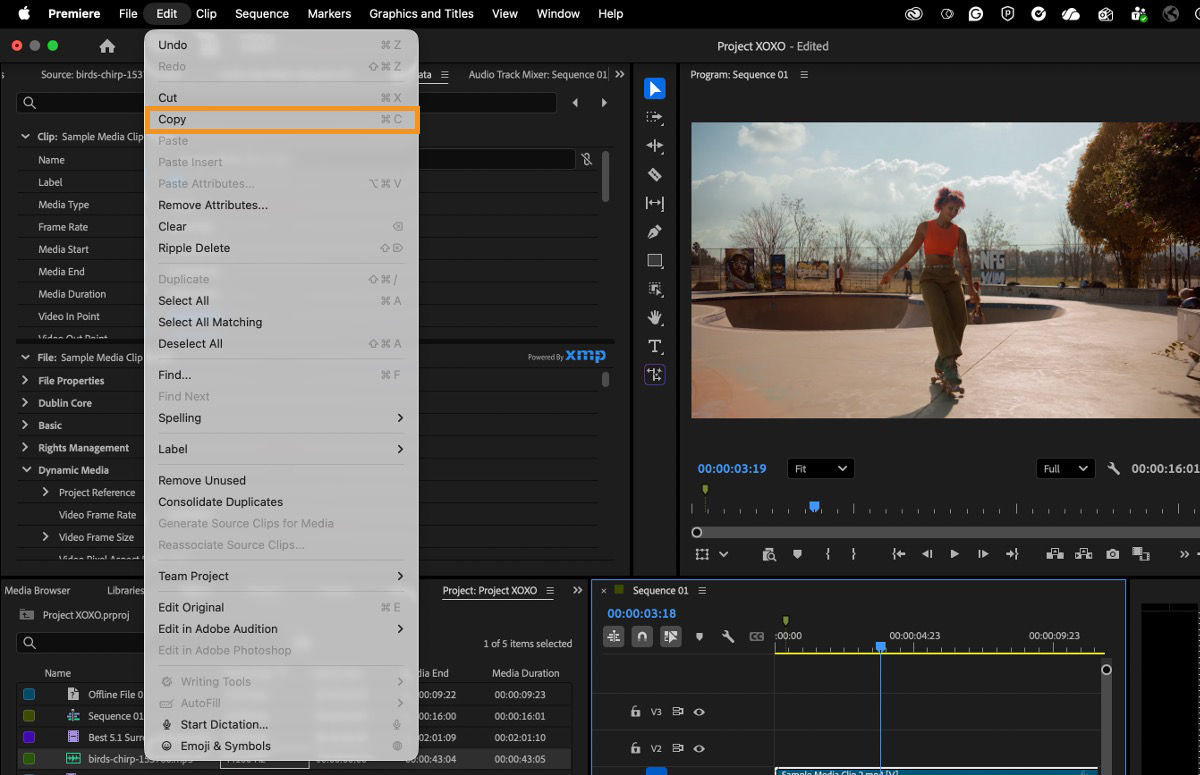 Premiere interface with the Edit menu open and Copy selected for the active clip.