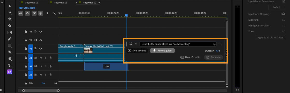 Premiere timeline with the Generate Media toolbar highlighted, showing options to describe a sound effect, sync it to video, record a guide, view the selected duration and credit cost, and generate the sound effect.