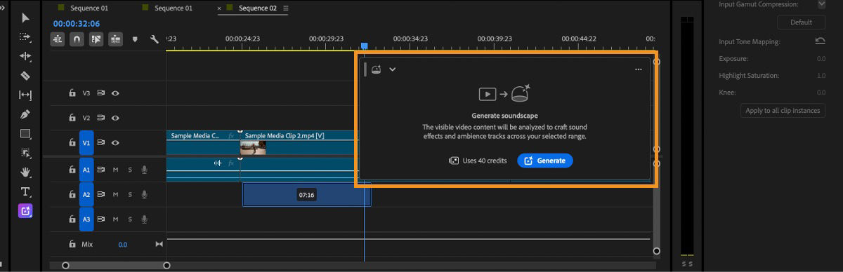Premiere timeline with the Generate Media toolbar showing the Generate soundscape option and controls to generate audio based on the visible video content.