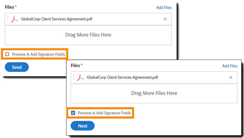 Send page bottom highlighting the "Preview & Add Signature Fields" option