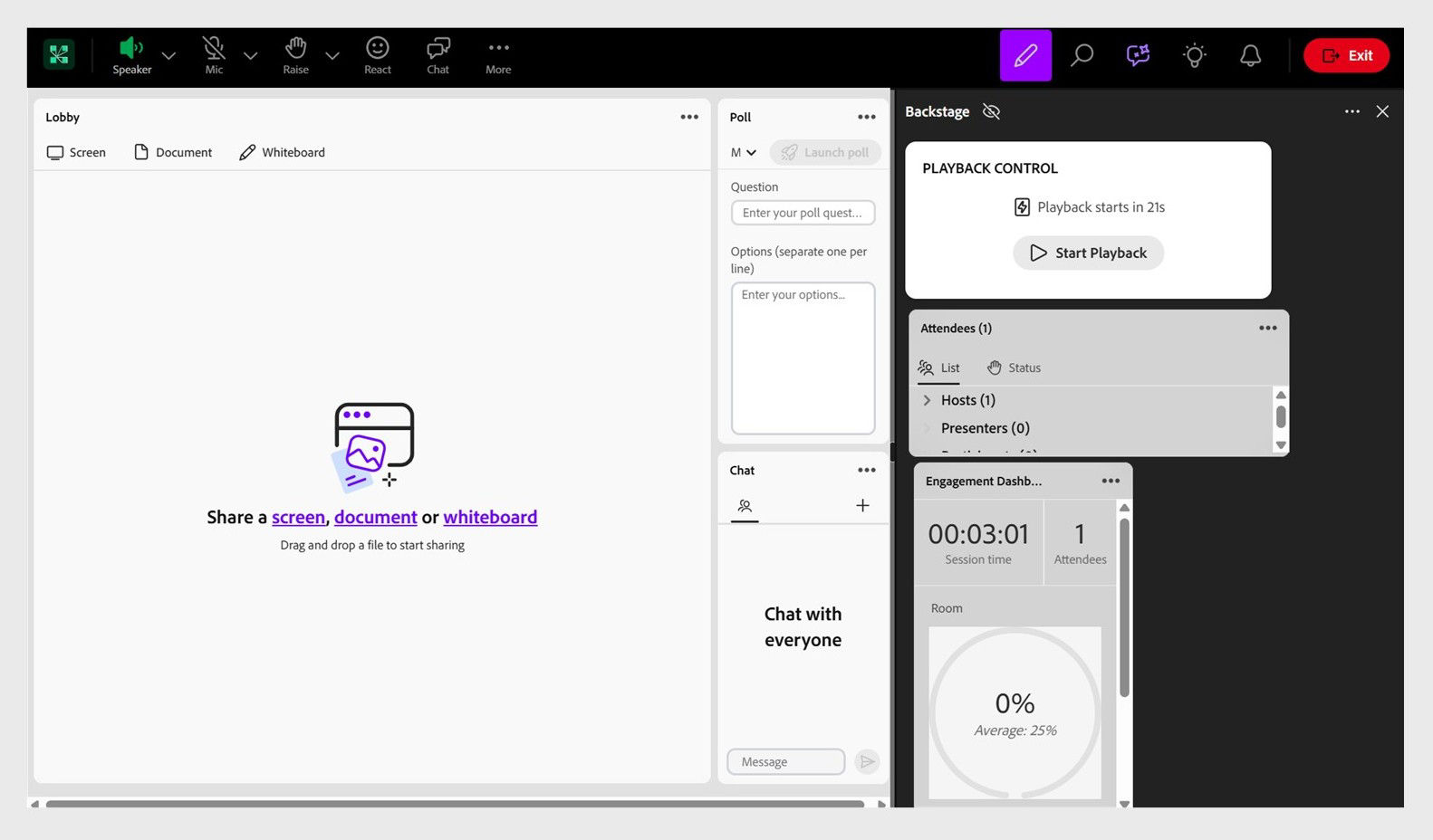 Adobe Connect Backstage interface in Preview mode showing playback controls, layout navigation, and testing options for hosts and presenters.