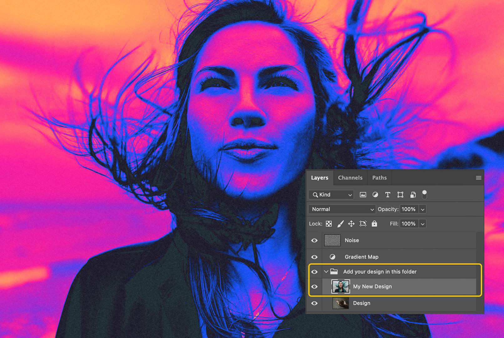 Preview of Supply Family gradient map effect tutorial, showing an image of a woman with her hair blowing in the wind.